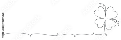 Clover flower banner for Saint Patrick day - good lucky symbol, single line. Vector stock minimalism illustration isolated on white background for design template invitation frame. Editable stroke.
