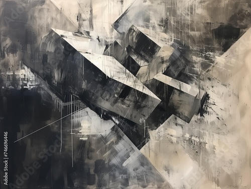 Abstract painting that suggests an aerial view of a large building, angular cubist style, muted color palette. From the series “Abstract Noir.