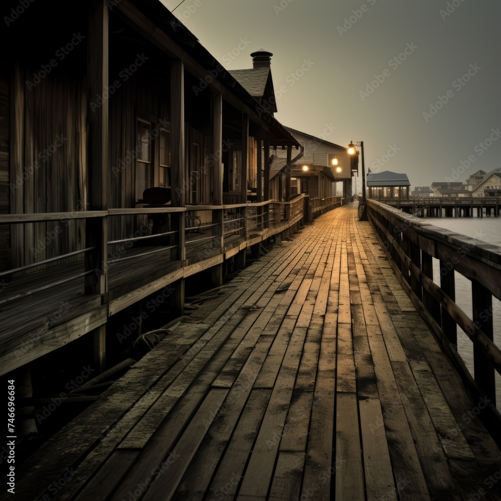Outdoor color medium distance photograph of a long wooden pier, dusk lighting. From the series “Golden Age.