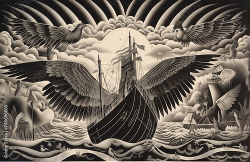 Surreal Black-and-white lithograph of a winged boat on a stormy sea with birds flying and a sunburst background with god-rays, highly stylized. From the series “Lost Cities of Central Asia.