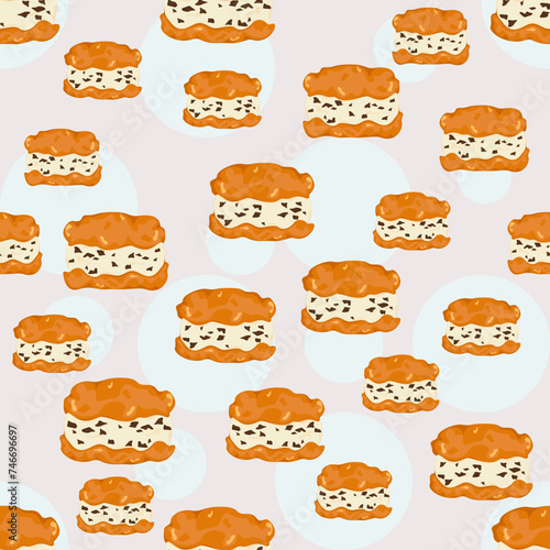 Vanilla Cream Puff cute vector flat seamless pattern in bright colors.Vector illustration for paper cover, fabric interior, white background, and other users.