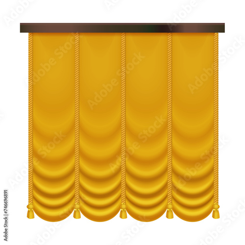 Golden curtains for opera or comedy show interior, 3D vintage gold silk drapery vector illustration