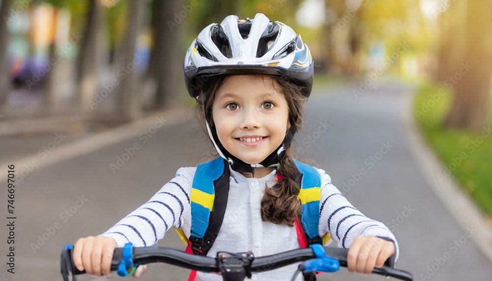 Naklejka premium Cute little girl in bicycle helmet having fun by riding bicycle.