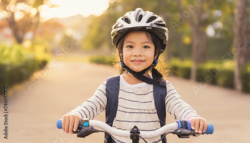 Cute little girl in bicycle helmet having fun by riding bicycle.