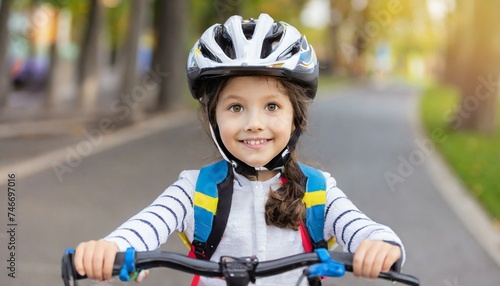  Cute little girl in bicycle helmet having fun by riding bicycle.