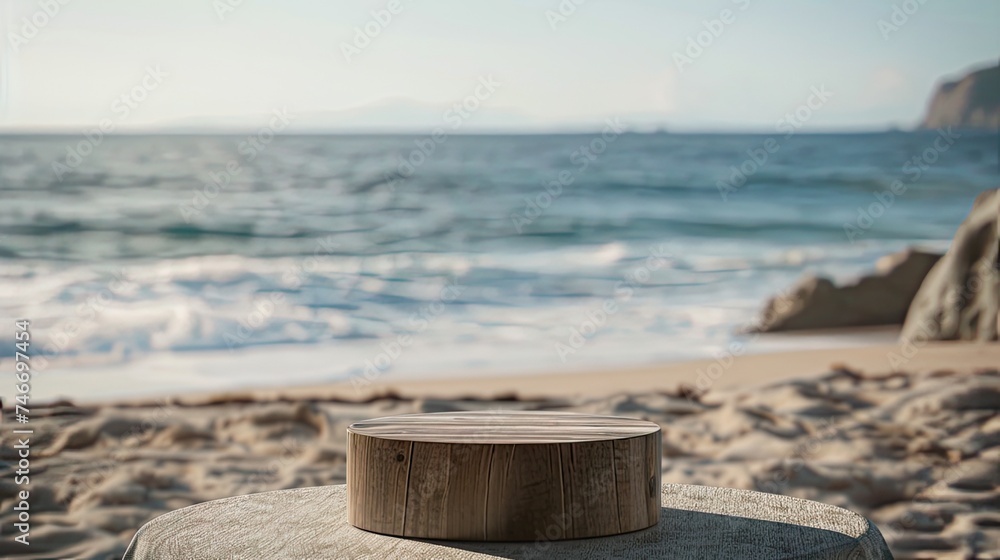 Tropical branding: Empty wooden podium on a table over a tropical beach bokeh background, creating a summer mockup for design and product display. Tropical branding: Empty wooden podium on a table over a tropical beach bokeh background, creating a summer mockup for design and product display.