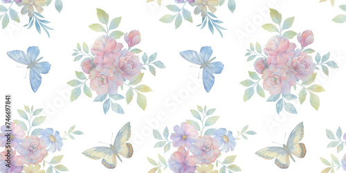 butterflies and flowers  seamless pattern on dark background  watercolor painting illustration  luxury wallpaper  premium modern design