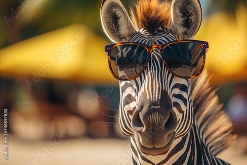 Zebra as a tourist wearing reflective sunglasses  with vibrant beach umbrellas and foliage in the soft-focus background