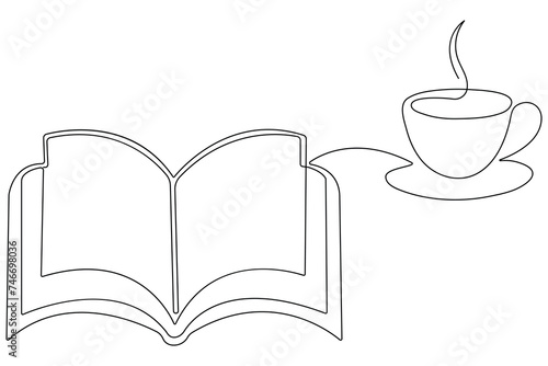 Book with coffee cup one line art drawing of outline vector art illustration