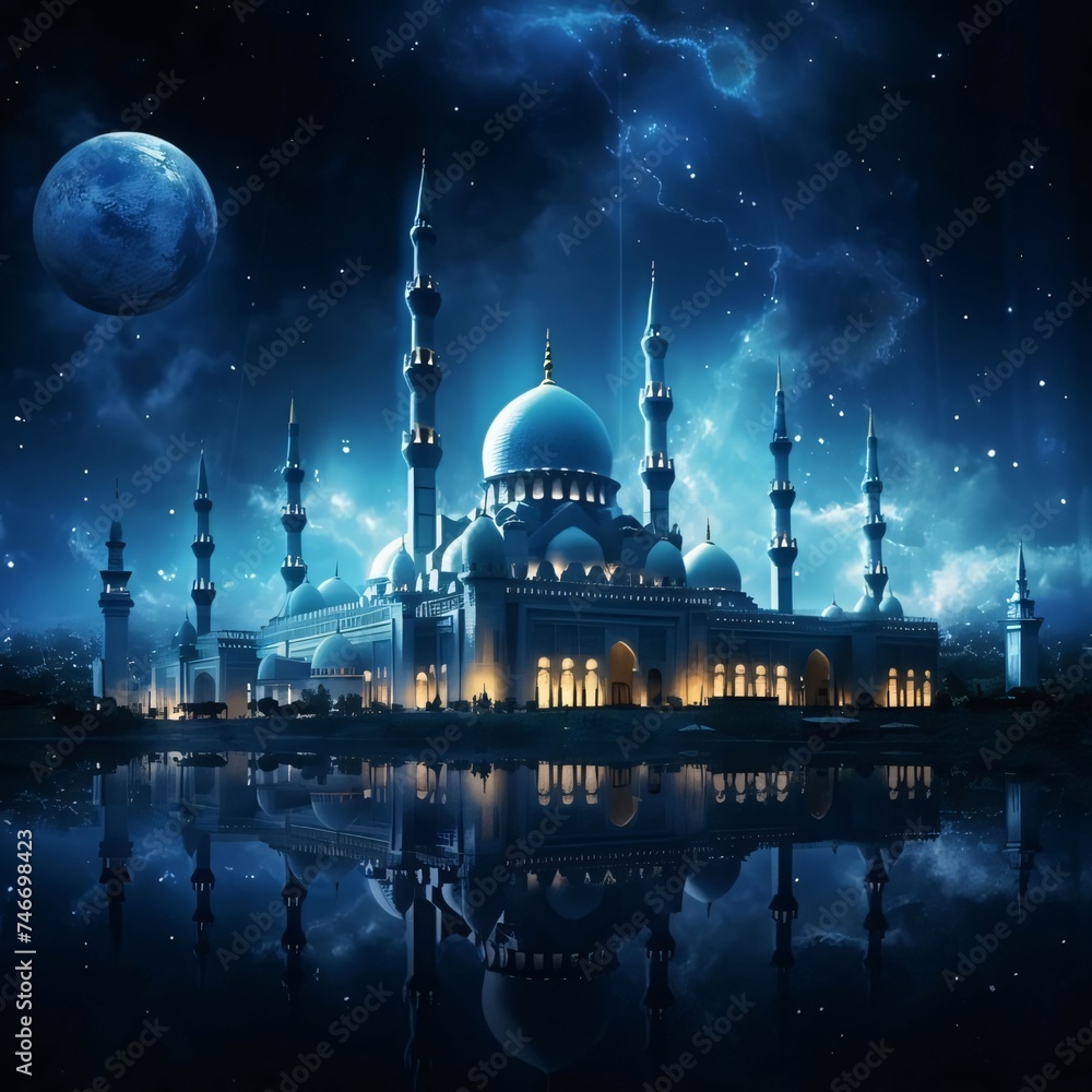 Mosque with minarets, mirrored in water moon in the sky at night. Mosque as a place of prayer for Muslims.