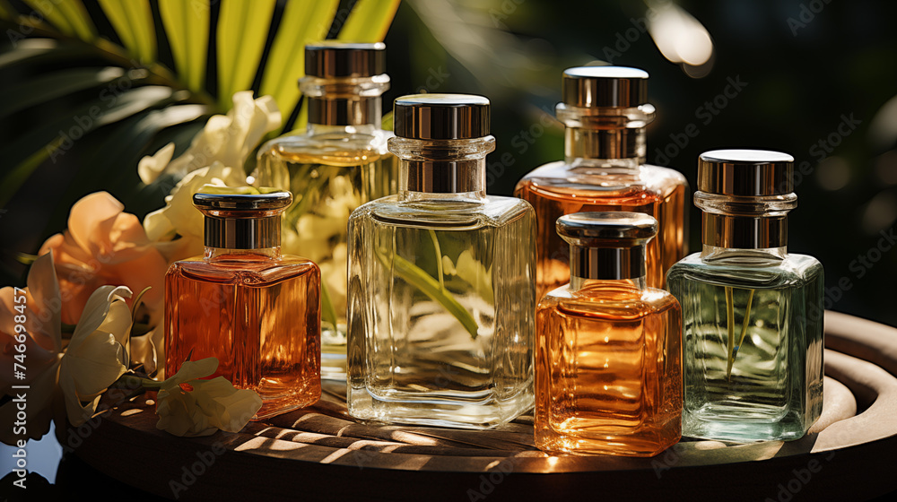 Fragrance glass perfume bottles with colorful liquids on green palm sunny background Fragrance glass perfume bottles with colorful liquids on green palm sunny background