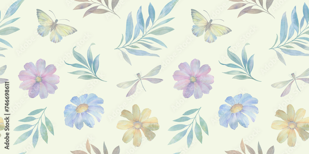 abstract butterfly and dragonfly background, delicate drawn flowers, seamless pattern, watercolor painting illustration, luxury wallpaper, premium modern design