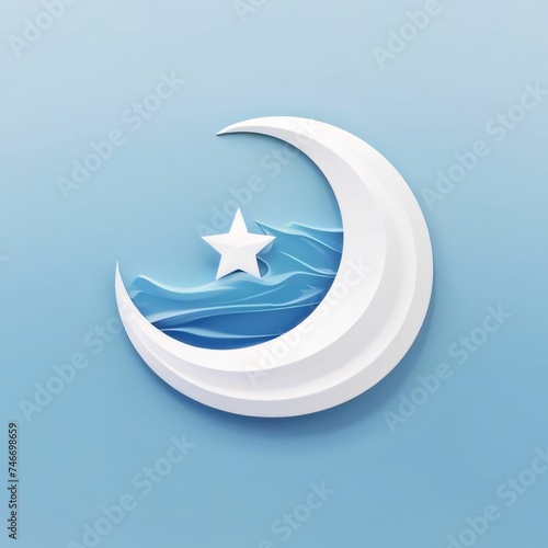 Illustration of crescent with star bright background, White color. Mosque as a place of prayer for Muslims.