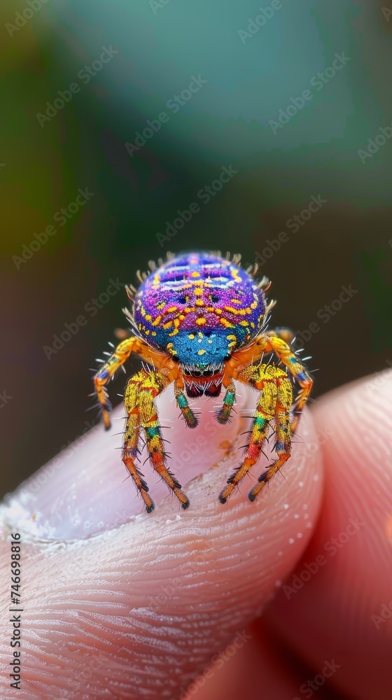 A small peacock spider perched on a fingertip, flaunting vibrant colors and unique patterns, depicts nature's beauty.