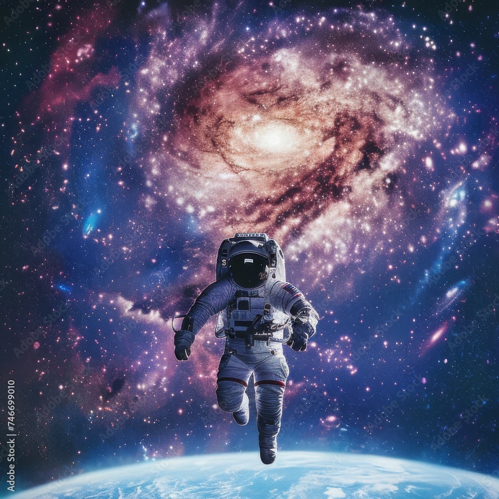 Astronaut Floating in Front of Spiral Galaxy. Printable Wall Art.