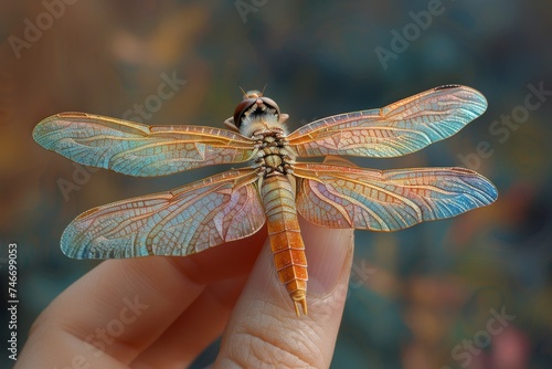 A fragile dragonfly perches on the fingertip, its iridescent wings shimmer in hyper-realistic glory. © Fokasu Art