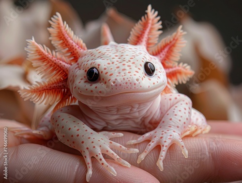 A miniature axolotl, gills fluttering and eyes curious, held above a hand, its magical appearance brought to life with incredible realism. © Fokasu Art