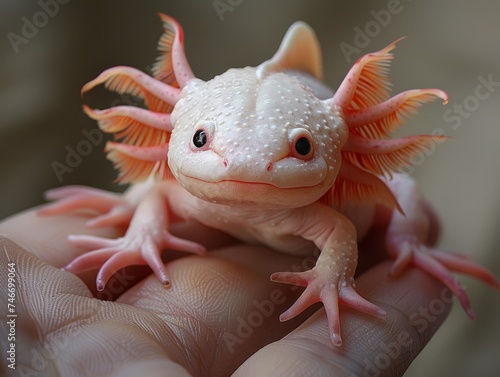 A tiny axolotl, with fluttering gills and curious eyes, held above a hand, its enchanting realism brought to life. © Fokasu Art