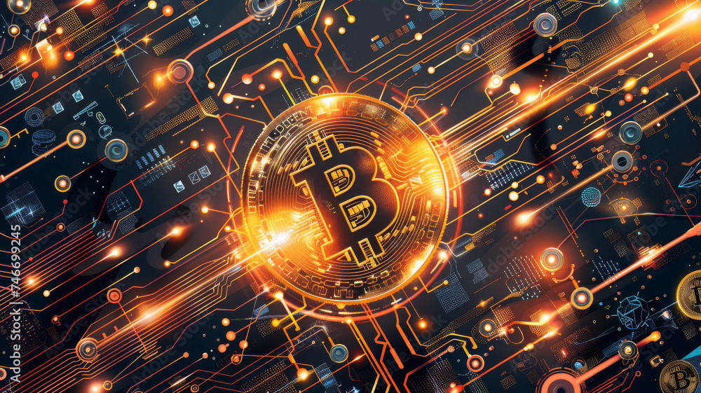 Detailed Gold Bitcoin Coin on Dark Circuit Background Detailed Gold Bitcoin Coin on Dark Circuit Background