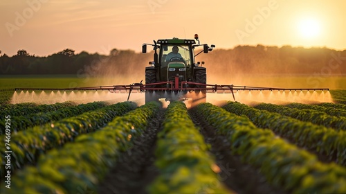  Tractor during spraying chemicals field. The tractor's diligent work ensures the health and vitality of the crops through precise chemical application.