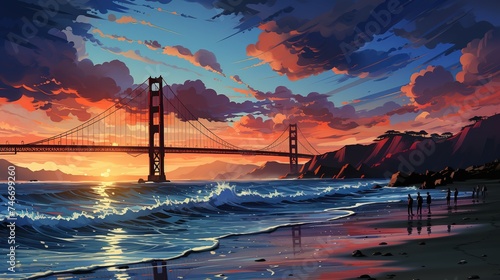 an image of a sunset and beach with the golden gate bridge and ocean, in the style of sky-blue and purple, panorama, sky-blue and crimson, time-lapse photography, alson skinner clark photo