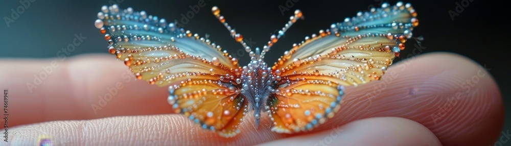 A dazzling butterfly rests on a fingertip, its intricate wing patterns captured hyper-realistically. A dazzling butterfly rests on a fingertip, its intricate wing patterns captured hyper-realistically.