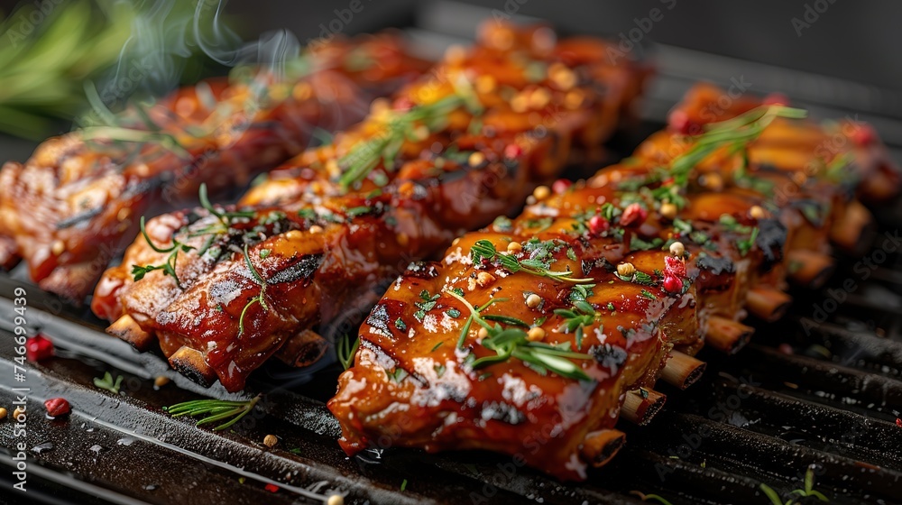 Closeup of pork ribs grilled with BBQ sauce and caramelized in honey. Tasty snack to beer Closeup of pork ribs grilled with BBQ sauce and caramelized in honey. Tasty snack to beer