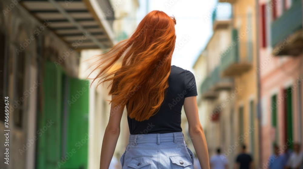 Beautiful young woman with long red hair walking in the old town. Caucasian woman walking through the streets of Europe. Travel concept.