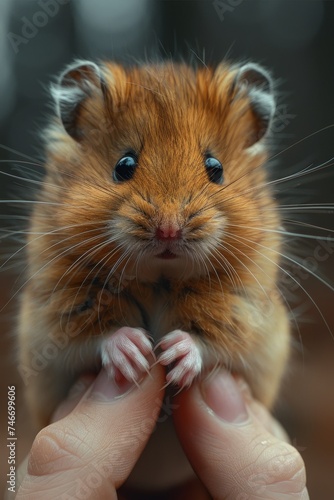 Soft fur and glistening eyes of a small hamster, cradled in a child's hand, portrayed with impressive realism.