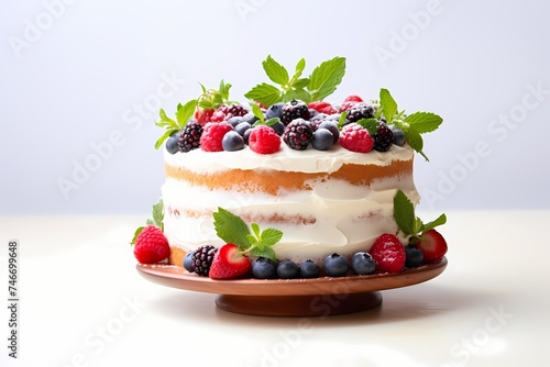 A delectable birthday cake featuring layers of fluffy sponge and creamy frosting, garnished with fresh berries and mint leaves, presented on a white backdrop.