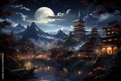 an image of buildings in a mountain town at night, in the style of ancient art, colorful woodcarvings, glowing lights, webcam photography, north, 32k uhd, light brown and red