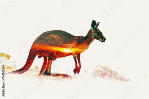A kangaroo silhouette merged with the outback landscape of Australia in a double exposure photo