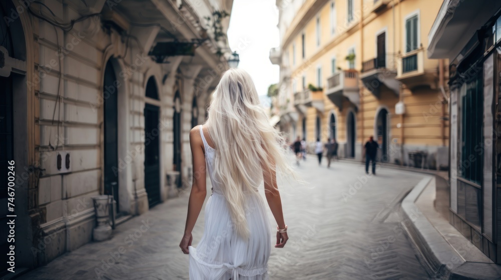 Portrait of a beautiful young woman with long blond hair standing on the street. Caucasian woman walking through the streets of Europe. Travel concept.