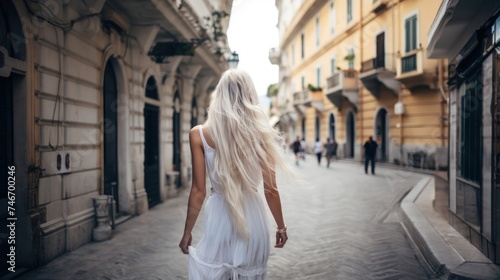 Portrait of a beautiful young woman with long blond hair standing on the street. Caucasian woman walking through the streets of Europe. Travel concept.