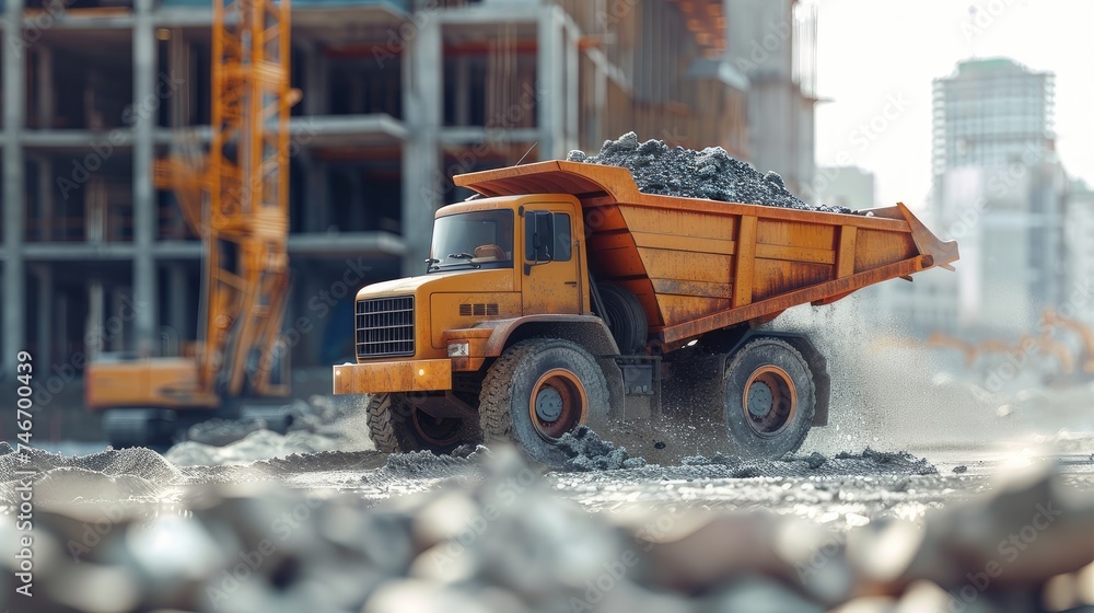 Construction logistics: Side view of a tipping lorry in action, showcasing the heavy-duty truck's role in construction site management. Construction logistics: Side view of a tipping lorry in action, showcasing the heavy-duty truck's role in construction site management.
