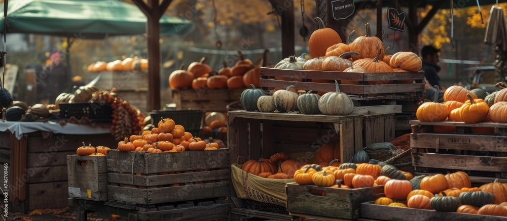 A large quantity of pumpkins is neatly arranged in wooden crates at an autumn market, showcasing a variety of sizes and shapes. The pumpkins are ready for purchase by customers looking to bring a