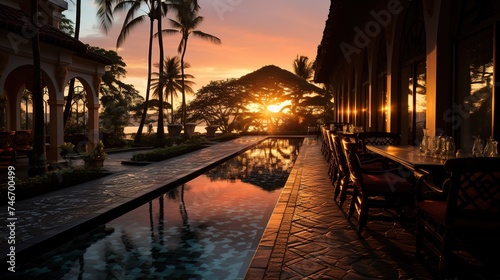 an image of the sunrise over ponds and palm trees, in the style of princesscore, classic elegance, high-angle, goa-insprired motifs, i can't believe how beautiful this is, cartelcore, timeless eleganc photo