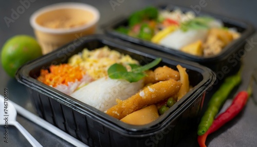Boxed lunch, Modern thai food lunch boxes in plastic packages