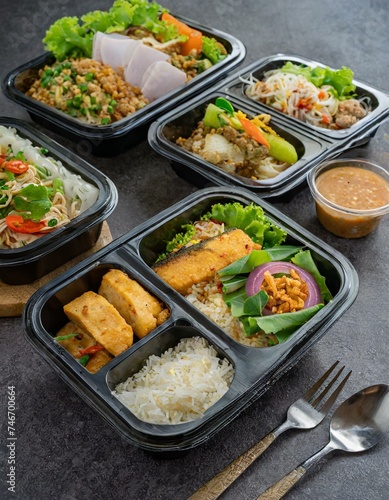 Boxed lunch, Modern thai food lunch boxes in plastic packages © Marko