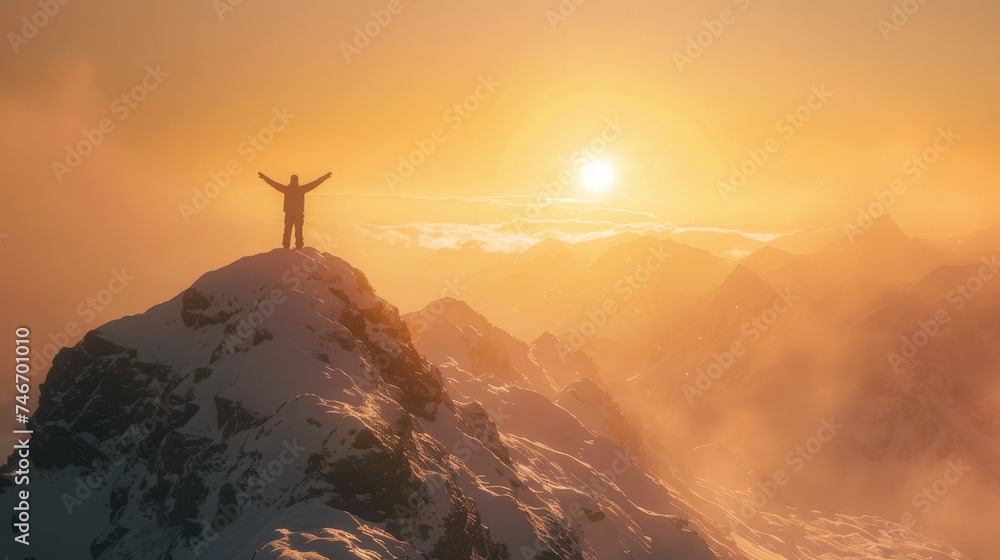 A person with open arms faces a breathtaking sunrise over snow-capped mountains, embodying hope and the grandeur of nature A person with open arms faces a breathtaking sunrise over snow-capped mountains, embodying hope and the grandeur of nature