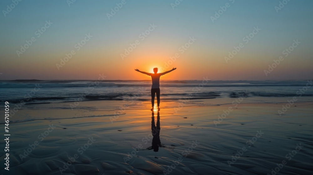 A solitary figure stands on the beach, arms wide open embracing the setting sun reflecting on the wet sand A solitary figure stands on the beach, arms wide open embracing the setting sun reflecting on the wet sand