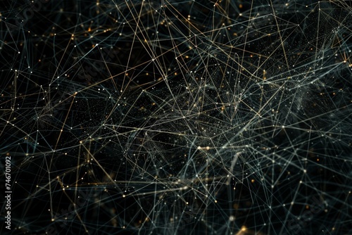 A complex network of golden threads creates an intricate web of connectivity against a dark background