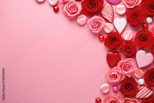Roses and heart-shaped candies on a pink surface. Valentine's Day Roses and Candy Arrangement