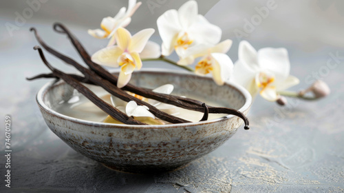 gousses de vanille séchées dans un pot en terre cuite, fleurs de vanille à l'arrière plan photo