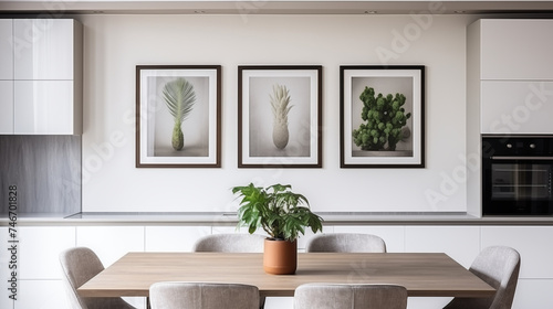 Nowoczesny jasny salon w bieli z oknami i światłem. Styl skandynawski. Wystrój wnętrza, mockup na obraz na ścianie. Render 3d