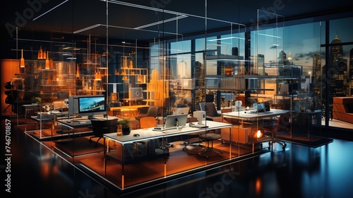 an office area is shown with open glass and blue equipment, in the style of bokeh panorama, dark azure and orange, 32k uhd, neo-academism, innovative page design, glazed surfaces, soft atmospheric sce photo
