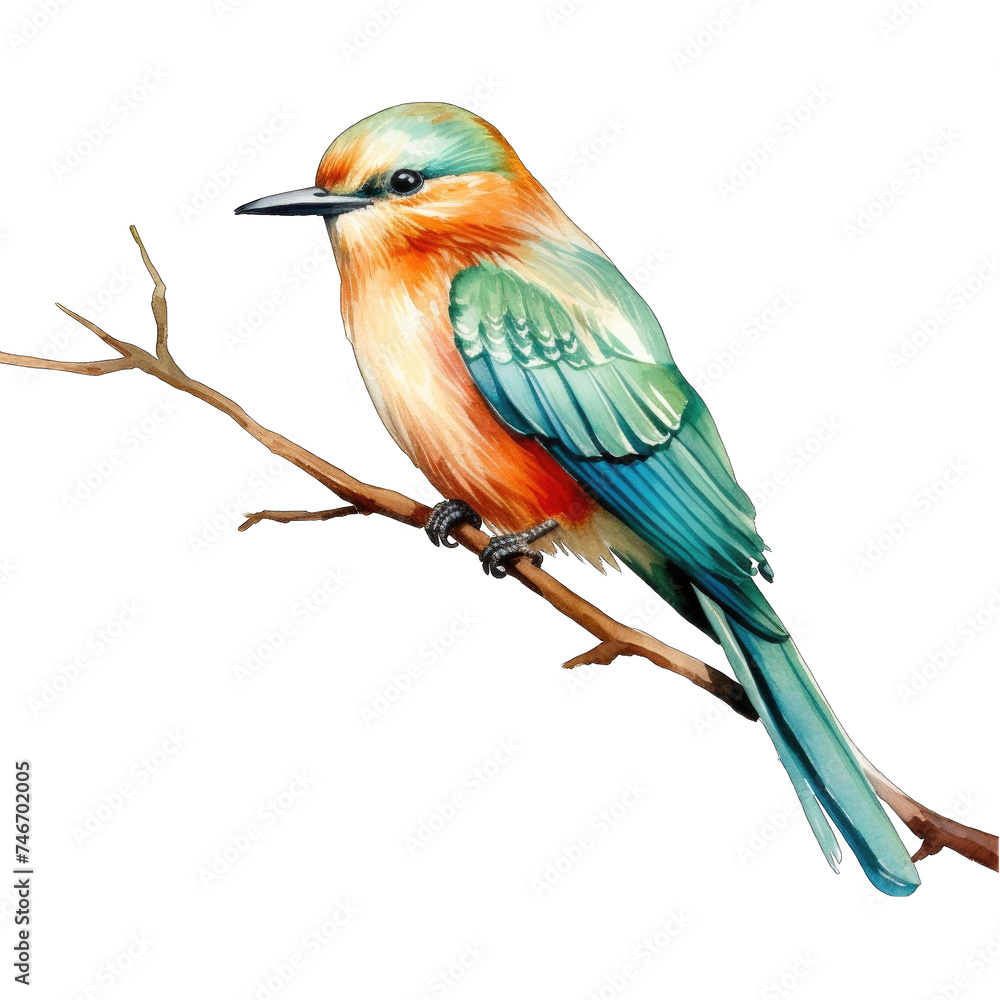 Fototapeta premium watercolor drawing of a beautiful bird on a tree branch png / transparent