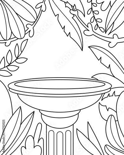 Fountain in the park, leaves and trees. Coloring page, black and white vector illustration.