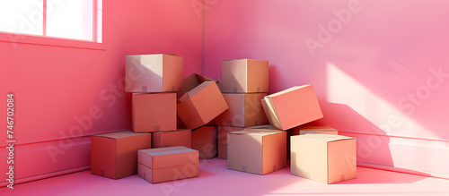 Stack of moving boxes in pink empty room with sunlight
