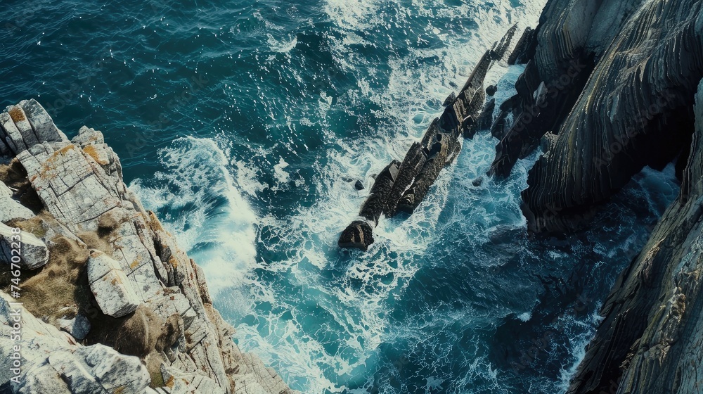 ?erial view of sea waves and a fantastic rocky coast, capturing the stunning beauty of the ocean meeting the rocky shoreline.